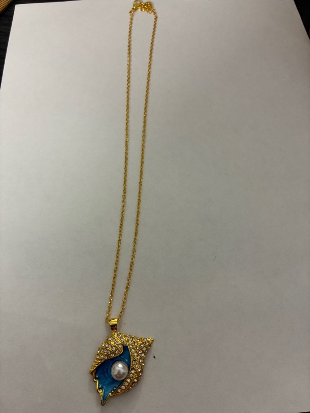 Gold-Tone Blue Enamel Pearl Pendant Necklace